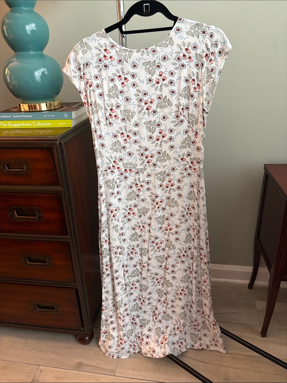 LOFT Cream Midi Dress with Red Floral Print